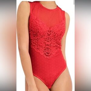 INC Women's Cupped Swiss Dot Thong Bodysuit - Rasberry - Size Medium